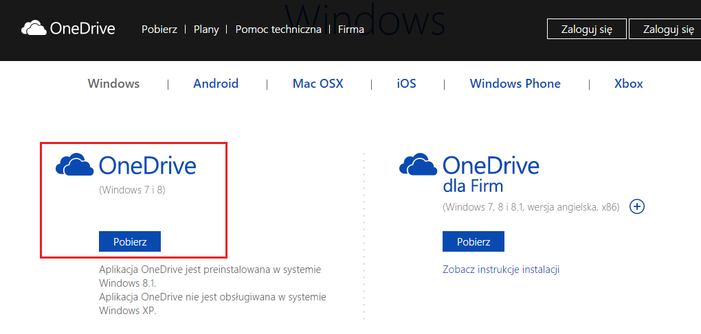 Rys. 14 Okienko pobierania oprogramowania OneDrive.