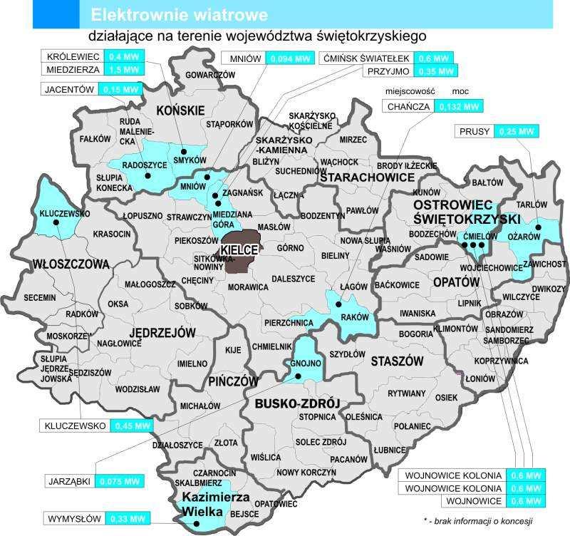 Ryc. nr 118: Elektrownie wiatrowe na terenie woj. świętokrzyskiego Źródło: Elektrownie wiatrowe Świętokrzyskie - mapa (fot. http://www.strefabiznesu.echodnia.eu) B.