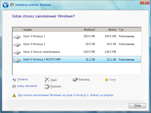 4 Kliknij w Formatuj, a następnie kliknij w OK. 5 Kliknij w Dalej. Instalator sformatuje partycję Windows, używając formatu NTFS.