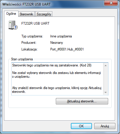 W menedżerze urządzeń widoczna jest pozycja urządzenia z niezainstalowanym sterownikiem FT232R USB UART: Po kliknięciu w pozycję