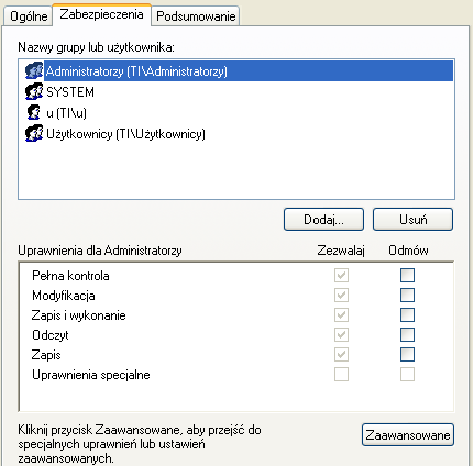 Porównanie okna właściwości z odpowiedzią polecenia cacls