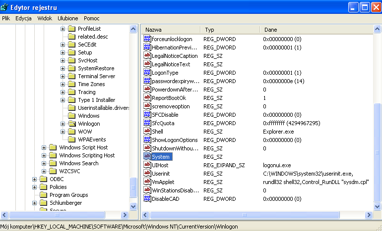 Do klucza HKEY_LOCAL_MACHINE\SOFTWARE\Microsoft\Windows