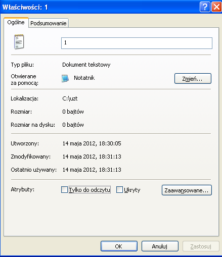 We wskazanym folderze utwórz plik tekstowy Prawym przyciskiem myszki otwórz okno właściwości dla tego pliku.