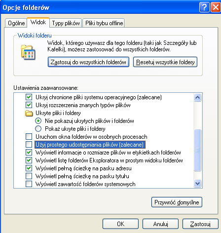 W oknie Opcje folderów, odznaczyć