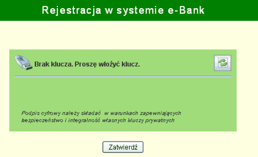 4. Rozwiązywanie problemów Przy próbie użycia klucza cyfrowego może pojawić się komunikat: Brak klucza. Proszę włożyć klucz. Możliwe przyczyny problemu: Rys. Komunikat o braku klucza 4.1.