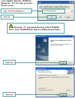 Jeżeli funkcja automatycznego uruchamiania dysku CD nie działa, naciśnij Start > Uruchom i wpisz w wierszu poleceń D:\ Driver\Setup.exe.