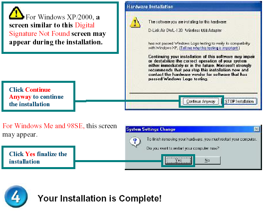 W trakcie instalacji w systemie Windows XP/2000 może wyświetlić się pokazany obok ekran Nie znaleziono podpisu cyfrowego lub podobny. Kliknij Kontynuuj mimo to, aby kontynuować instalację.