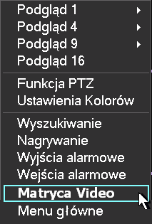 DODATKOWE POZYCJE MENU Rys. 5-34. Drugi sposób wejścia do Matrycy Video. Okno dialogowe jest różne dla różnych typów rejestratorów.