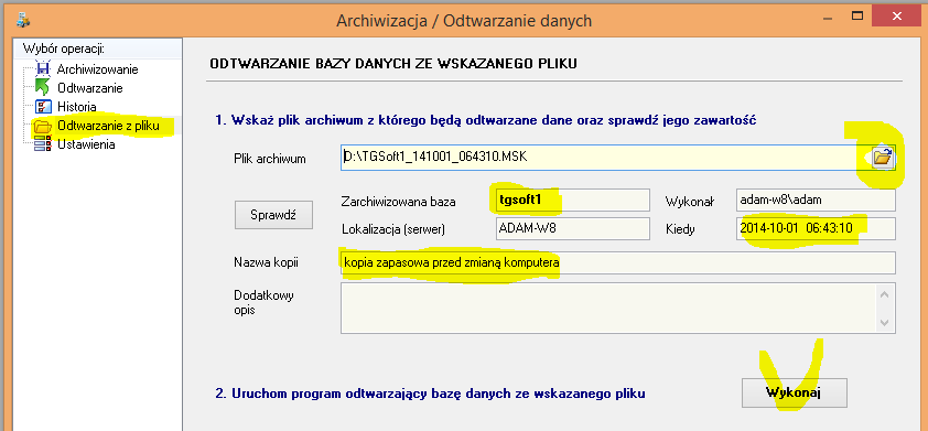 Rysunek 22. Przykład odtwarzania bazy danych tgsoft1 czyli danych firmy nr 1 UWAGA 2. Przed odtworzeniem bazy, należy upewnić się że do odtwarzania danych wskazano właściwy plik.