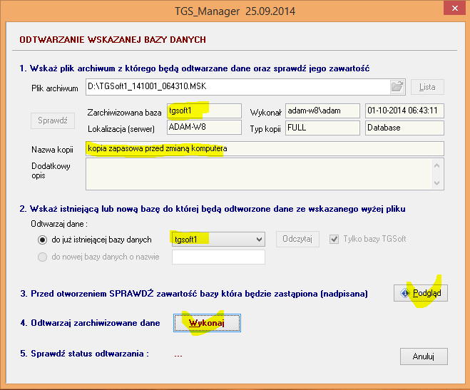 Rysunek 23. Uruchomiony program TGS_Manager, w trybie odtwarzania wskazanej wcześniej bazy danych.