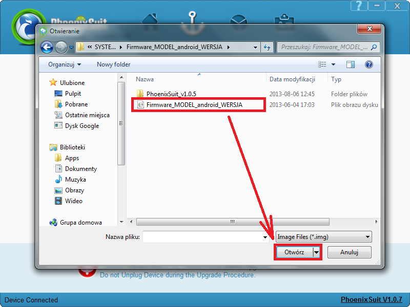 11. W programie PhoenixSuit przejdź do zakładki Firmware, następnie kliknij w przycisk Image i wskaż plik o nazwie Firmware_1004_android_4.2.