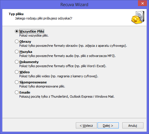 Rysunek 9 Kreator programu Recuva [opracowanie własne] Po naciśnięciu przycisku Dalej wybieramy jakie typy plików chcę odzyskać.