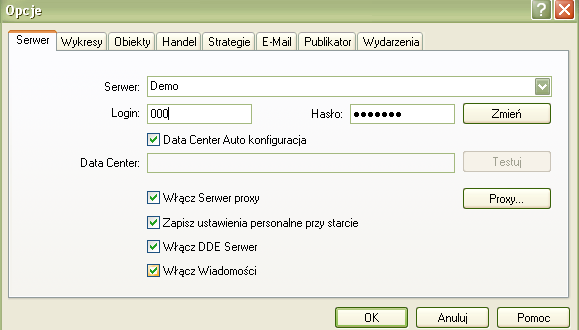 Zakładka ta zawiera najważniejsze ustawienia, gdyż umożliwia zmianę parametrów połączenia z serwerem, konfigurację serwera proxy, Data Center oraz zmianę innych istotnych ustawień.