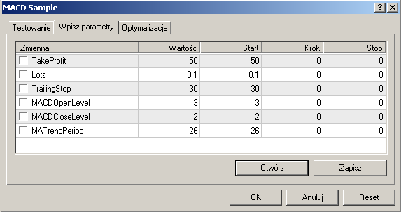 Wpisz parametry zakładka zawiera listę wszystkich możliwych do zdefiniowania parametrów. Dane te mają wpływ na działanie danej strategii oraz mogą być zmienione w terminalu klientowskim.