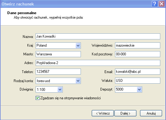 testowanie transakcji inwestycyjnych i posiada tę samą funkcjonalność, co rachunek rzeczywisty.