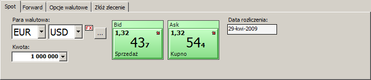 Moduł transakcyjny: walutowy Zakładka Spot służy do zawierania transakcji na rynku spotowym po bieżącej cenie rynkowej.