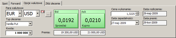 Moduł transakcyjny: walutowy Zakładka Opcje walutowe służy do zawierania transakcji na rynku opcji walutowych po bieżącej cenie rynkowej.