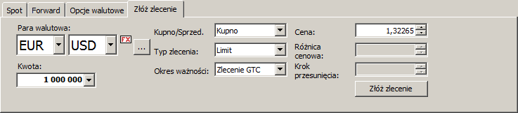 Moduł transakcyjny: walutowy Zakładka Złoż zlecenie służy do składania zleceń oczekujących na rynku
