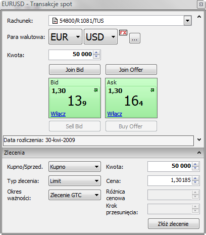 Pasek narzędzi Rynek Walutowy Funkcja Transakcje spot pozwala wprowadzić