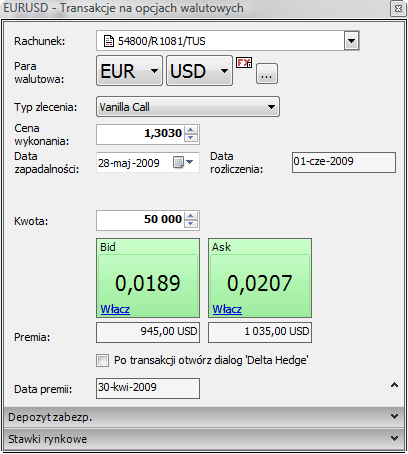 Pasek narzędzi Rynek Walutowy Funkcja Transakcje na opcjach umożliwia