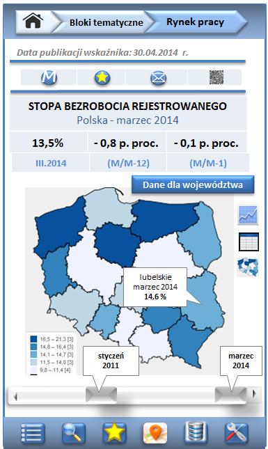 Ekran: szczegółowa prezentacja wybranego wskaźnika (drugi poziom prezentacji danych) wskaźnik z wartością dla Polski, forma prezentacji danych: mapa (dostępna tylko z poziomu prezentacji wskaźnika z