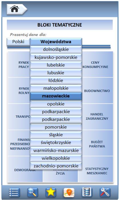 Ekran: Bloki tematyczne (wybór prezentacji danych dla województwa) Bloki