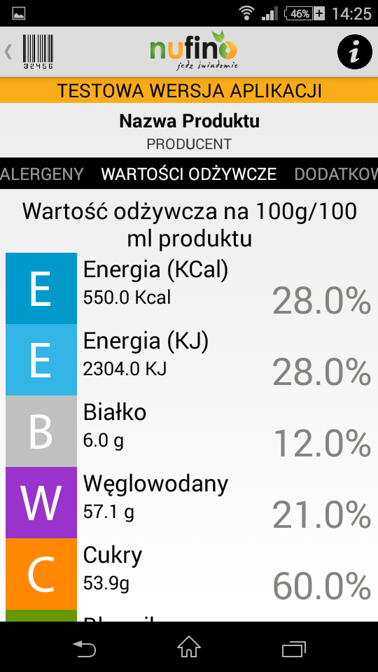 Ekran 4: wartości odżywcze Wartości odżywcze przeliczone na podstawie Wskazanego Dziennego Spożycia (GDA).