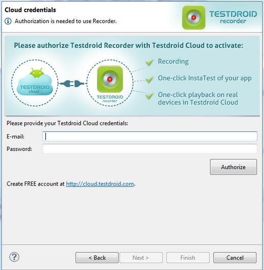 Testdroid Recorder pierwsze uruchomienie Do pracy z Testdroid Recorderem wymagane jest konto założone na stronie https://cloud.testdroid.