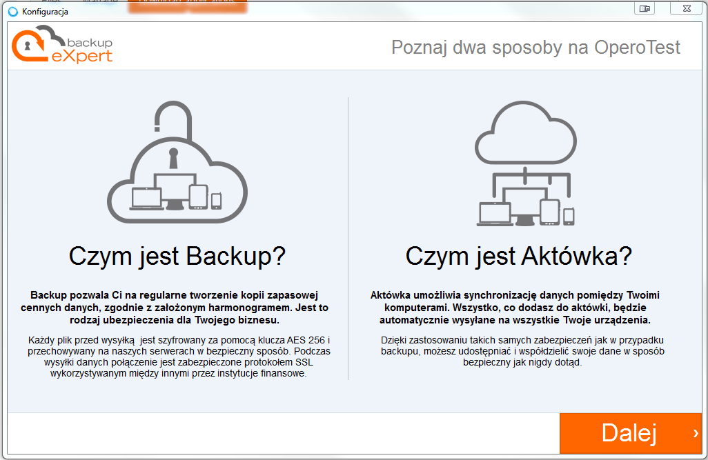 Kreator krok 1 W pierwszym kroku kreatora zostaną przedstawione podstawowe informacje na temat backup u danych oraz synchronizacji, czyli