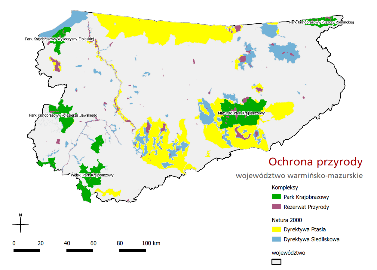 Ryc. 9. Obszary Sieci Natura 2000, parki krajobrazowe i rezerwaty przyrody WJM na tle województwa warmińskomazurskiego [1] Wokół jeziora Śniardwy utworzono w 1977 r.