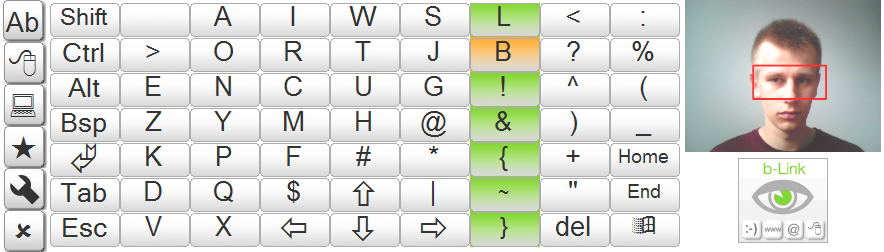 Zatrzymanie podświetlenia w miejscu widocznym na obrazku spowoduje przejście do menu ulubionych (zakładek). Klawiatura ekranowa W pierwszej fazie podświetlane są kolejne kolumny klawiatury.