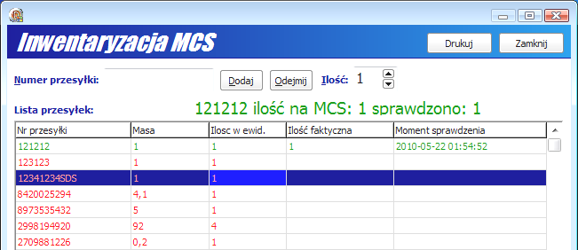 Po wybraniu funkcji Inwentaryzacja MCS zostanie wyświetlone okienko Inwentaryzacja MCS. W tabelce Lista przesyłek zostaną wyświetlone na czerwono wszystkie przesyłki zapamiętane w bazie programu.