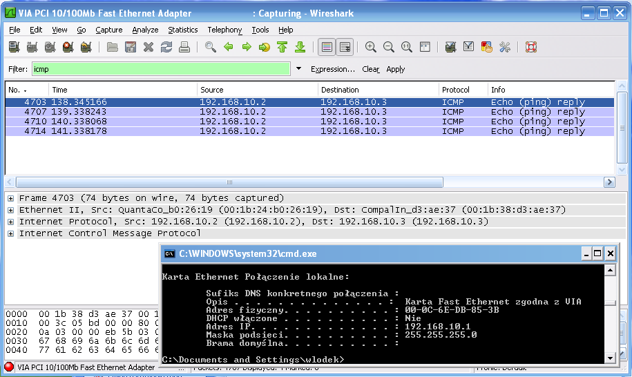 Ping z 192.168.10.2 do 192.168.10.3 widziany z hosta 192.168.10.1 Ping z 192.