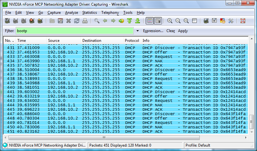 Przechwycona wymiana wiadomości pomiędzy urządzeniami Klient wysyła wiadomość DHCP Discover.