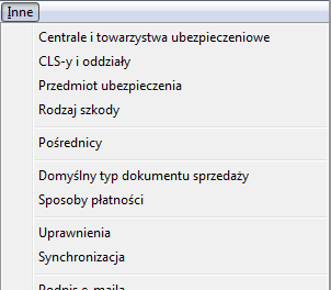 8.Menu Inne Zawiera dane dotyczące: Central i towarzystw ubezpieczeniowych, Central likwidacji szkód i oddziałów, Przedmiotów ubezpieczenia, Rodzajów szkód, Pośredników, Jest to również zbiór opcji