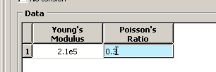 Rys. 11 Wprowadzanie wartości modułu Younga oraz liczby Poissona. 4. OK, żeby zatwierdzić i wyjść z edycji danych materiałowych. Definiowanie i przyporządkowywanie grup właściwości.
