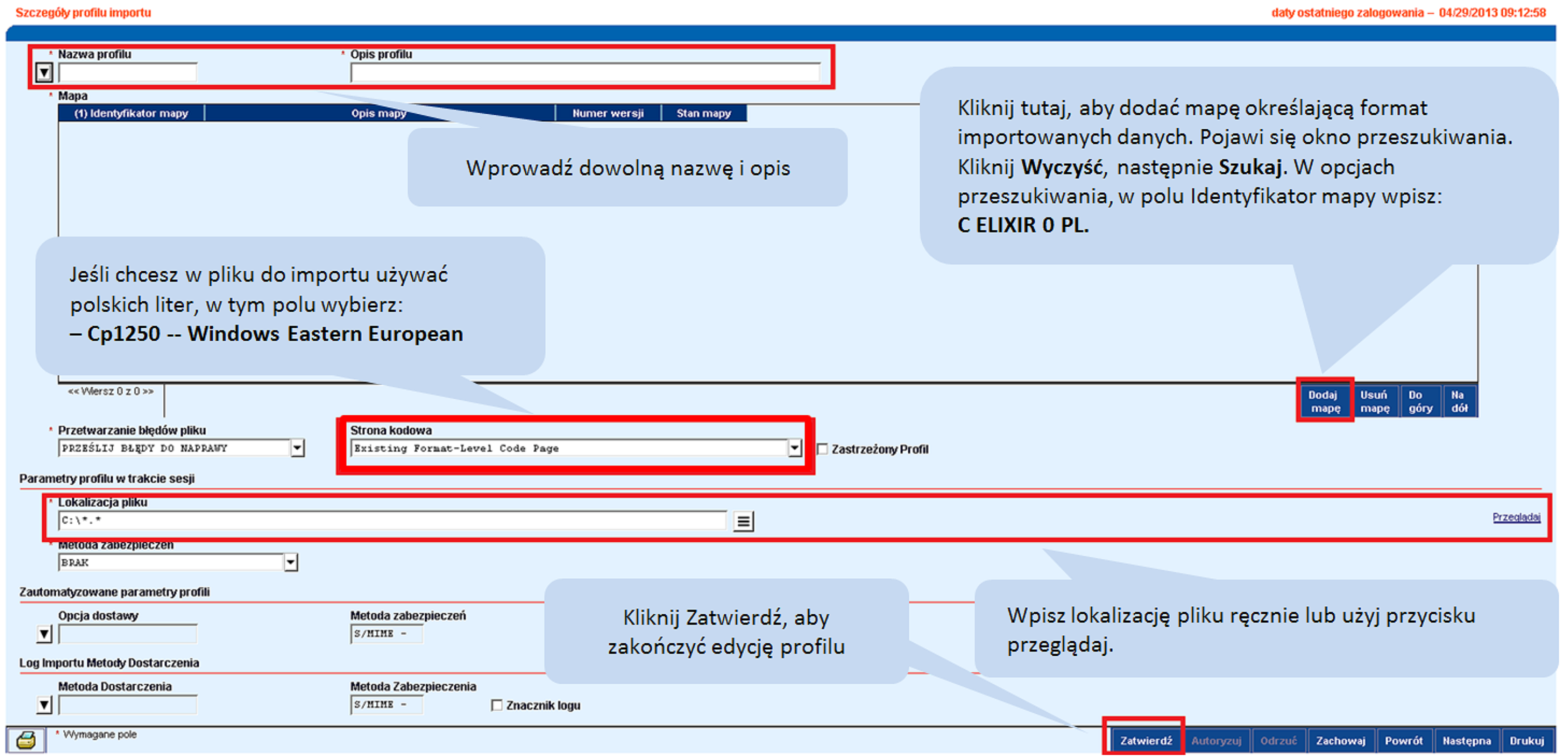 2. Tworzenie profilu importu Aby skorzystać z importu trzeba stworzyć profil, w którym definiujemy lokalizację do wczytywanych plików i wybieramy mapę decydującą o formacie i rodzaju importowanych