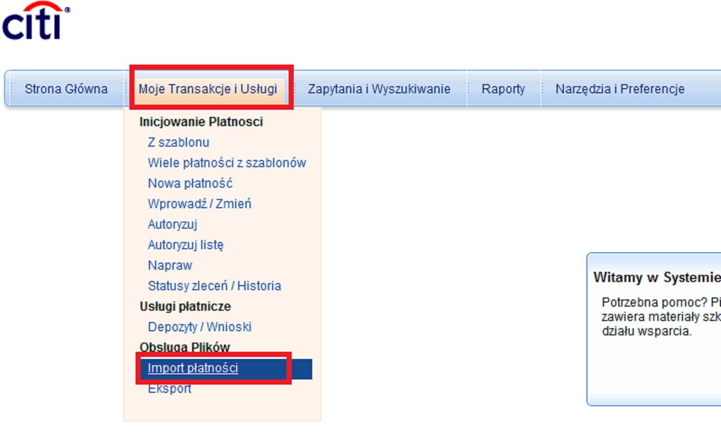 3. Uruchamianie importu Ustaw wskaźnik myszy na zakładce Moje transakcje i Usługi w górnym menu CitiDirect, a