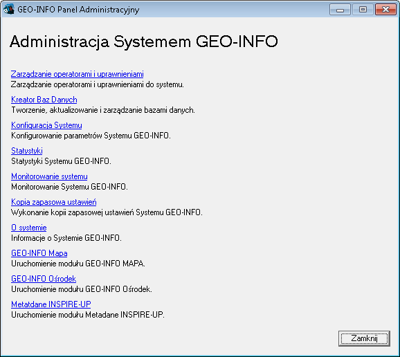 GEO-INFO Administracja systemem Konfiguracja parametrów systemu Zarządzanie bazami danych i zasobem Zarządzanie użytkownikami i uprawnieniami