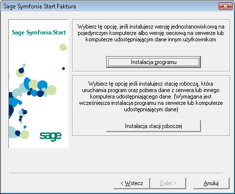 Instalacja programu Sage Symfonia Start Faktura 3 Rys. 5 Okno instalatora strona Umowa licencyjna. Na stronie Umowa licencyjna jest udostępniona treść umowy licencyjnej.