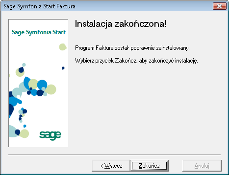 Instalacja programu Sage Symfonia Start Faktura 8 Rys. 15 Okno instalatora strona końcowa instalacji.