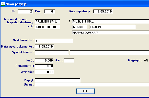 7 REJESTRACJA ZAKUPÓW / PZ - Przychód zewnętrzny Rejestracja zakupów wybieramy Przychody/Zakupy. Numeracja zakupów automatyczna w cyklu miesięcznym.