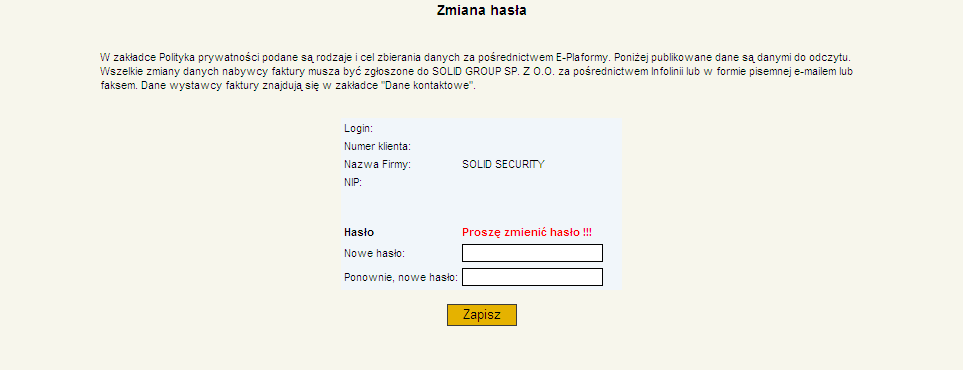 W polach zaznaczonych poniżej wpisujesz nowe hasło.