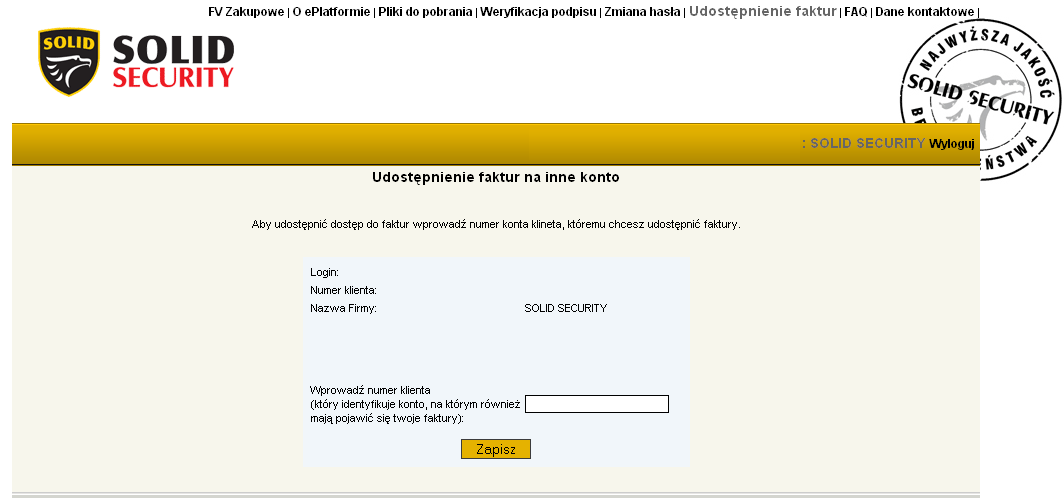 6. Udostępnienie faktur Rys. Udostępnienie faktur W tej zakładce możesz upoważnić inne konto do dostępu na e-platformie.