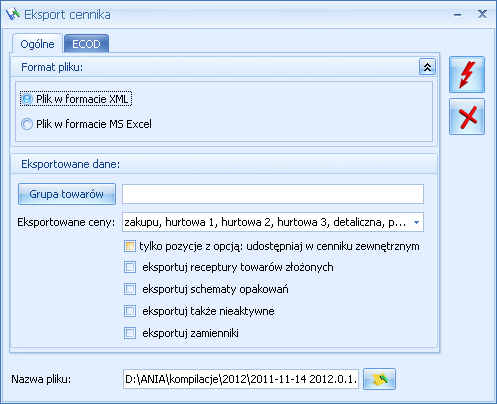 Podręcznik Użytkownika systemu Comarch OPT!MA Str. 169 W wyświetlonym oknie podajemy parametry eksportu: Plik w formacie XML: Rys.
