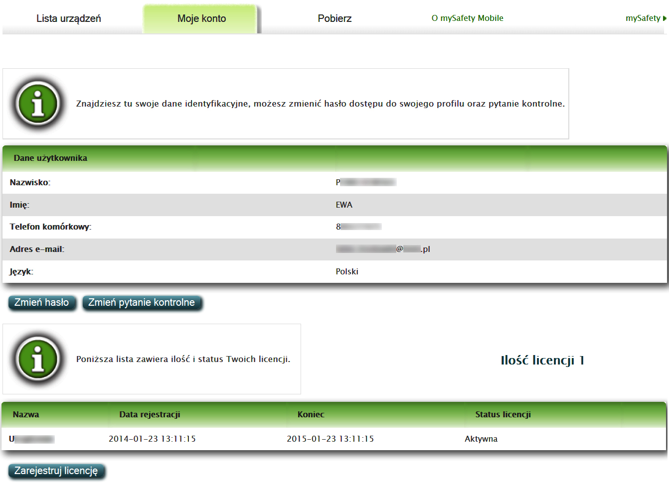 10. W zakładce MOJE KONTO znajdziesz swoje dane identyfikacyjne, możesz zmienić pytanie kontrolne, jak również sprawdzić status swojej licencji. 11.