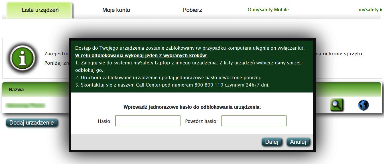 2. Po wyborze funkcji zablokowania, otrzymasz komunikat informujący, jak