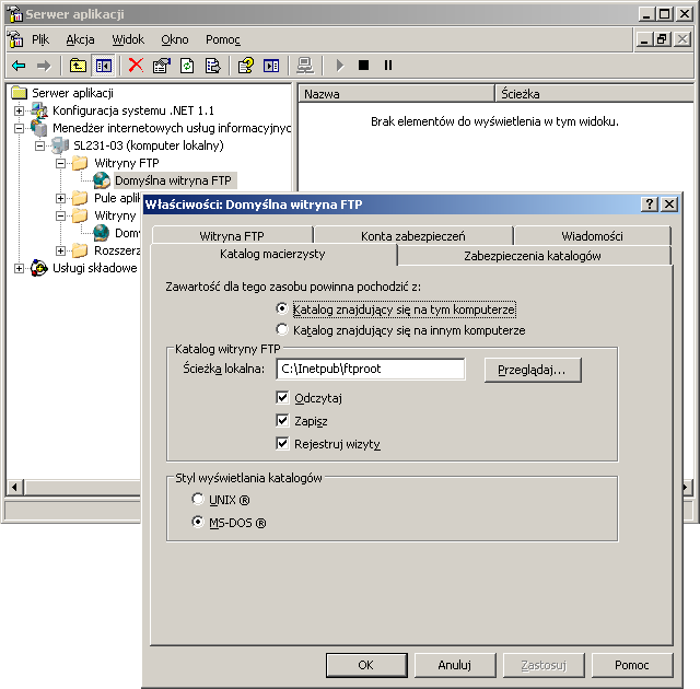 Instalacja usług sieciowych WWW/FTP z wykorzystaniem IIS w Windows Serwer 2003 12/16 C. Serwer FTP 0.