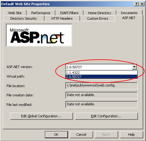 Następnie przechodzimy do zakładki ASP.NET, gdzie ustawiamy parametr ASP.NET version na wartość 2.0.050727.