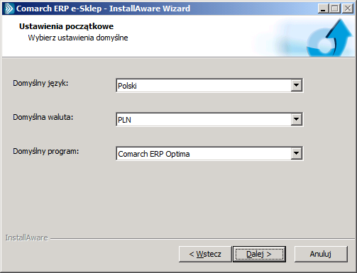 Na zakończenie instalacji podawane są dodatkowe dane dotyczące instalacji. Pierwsze z nich to domyślny język. W stacjonarnej aplikacji Comarch ERP e-sklep w wersji 6.